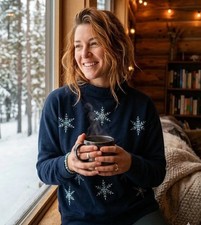 Talbots® Grannycore Navy Sweatshirt Snowflake Navy SIZE M Petite Excellent picture