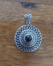 Vintage 925 Sterling Silver Filigree Black Onyx Round Circle Pendant Medallion picture