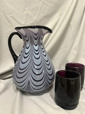 Fenton Dave Fetty DLF Drapery Glass Pitcher w/ 2 tumblers, amethyst/aubergine picture
