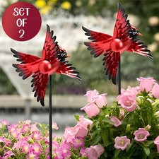 Set of 2 Cardinal Whirligig Wind Spinner Garden Stakes Outdoor Metal Yard Decor picture