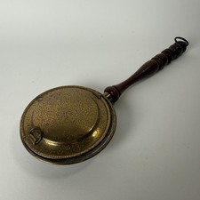 Vintage Miniature Brass Bed Warmer Made In England Wood Handle Hinged Lid Rustic picture