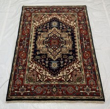 Hand Knotted Vintage Caucasian 4x6 Rug Navy Blue Crimson Red Geometric Carpet picture