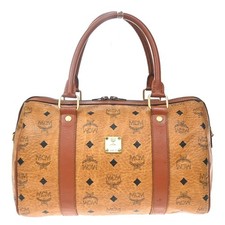MCM Logo Visetos Pattern Travel Hand Bag Leather Brown Cognac GHW 67EG450 picture
