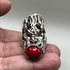 unique solid silver Vintage Silver coral stone is Dragon Ring picture