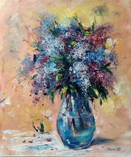 Lilac in Glass Vase original oil painting on canvas signed handpainted 24