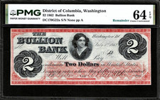 1862 Bullion Bank Washington DC $2 Obsolete Banknote Note PMG 64EPQ Great Color picture
