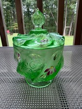 Fenton Hand Painted Floral Green Paisley Candy Box Dish - Excellent Condition picture