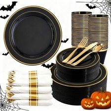 350 Pieces Black and Gold Plastic Plates with Disposable 350, picture