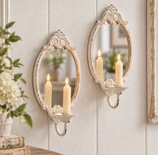 Pair VTG Style Shabby Chic White & Gold Metal Wall Sconces Taper Candle Holders picture
