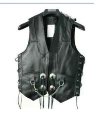 Men's Black Leather Fringed Concho Chain Vest Motorcycle Biker Size XS to 5XL. picture
