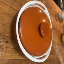 Very Nice Vintage Mid-Century Cast Iron Dutch Oven w/lid Orange & White Enamel.  picture