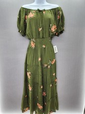 Anthropologie Kindred 2X Green Olive Embroidered Boho Maxi Dress Lined Smocked picture