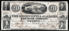 Oct 1837 Brandon Mississippi & Alabama Rail Road $20 Dollar Obsolete Note SN#590 picture