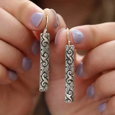 Silver Hook Boho Bar Drop Earrings Vintage Floral Engraved Dangle Earrings B02 picture