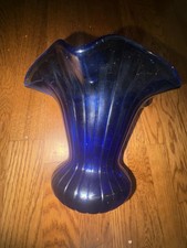 1940’s-1970s Fenton Cobalt Blue Rib Vase Optic Lines Ruffled Top Wide Mouth. picture
