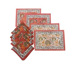 Hand Block Print Floral Cotton Placemats & Napkins Set 9pc Terracotta Boho picture