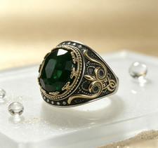 Men Stainless Steel Ring Oval Green Crystal Vintage Two Tone Gothic picture