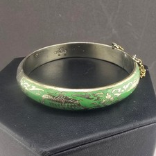 Vintage Estate Siam Sterling Bangle Green Enamel Etched Silver Hinged 2.25in picture