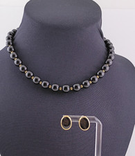 Vintage Signed Monet Necklace & Black Onyx Bezel-Set Pierced Earring Jewelry Set picture