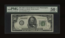 DBR 1928 $50 Philadelphia Numeral Fr. 2100-C PMG AU-50 EPQ Serial C01373451A picture