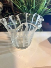Vintage Hand Blown Ruffled Handkerchief Studio Art Glass Bowl White Stripes picture