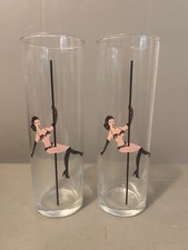 Vintage Libbey Female Pole Dancer Collins Glasses Set 2 Risque MCM Barware picture
