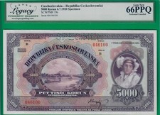 Czechoslovakia 5000 korun 1920 specimen, P19s, graded Legacy Gem New *66* PPQ picture