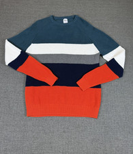 ZARA Men’s XL Colorblock Ribbed Knit Sweater 100% Cotton Teal Navy Orange White picture