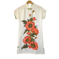 Vtg 60s ALFRED SHAHEEN Poppy Print Hawaiian Cheongsam Dress Hand Printed Hawaii picture