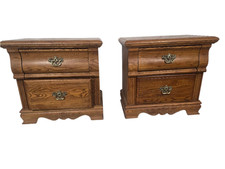 Vintage Vaughan Bassett Oak Nightstands Pair 2 Drawer Bedside End Tables picture