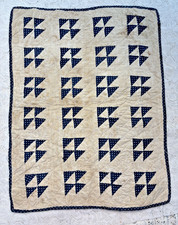 Antique Vtg Early Doll Quilt Blue & White Tiny Squares Flying Geese 14X18 Cotton picture
