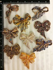 9pc Rhinestone Bow Brooch Lot Colorful Crystal Statement Ribbon Pins picture