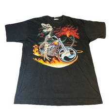 Vtg 90s Liquid Blue Shirt Bad To The Bone T-Rex Riding a Motorcycle Large Tee picture