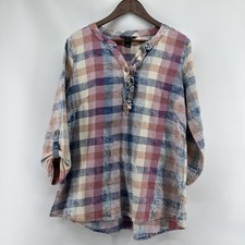 Ali Miles Top Women Large Check Button Ruffle Roll Tab Sleeve Boho Lagenlook EUC picture