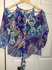 Chico's Women’s S Multicolor Paisley Woven Button Front Tie Hem 3/4 Blouse size0 picture