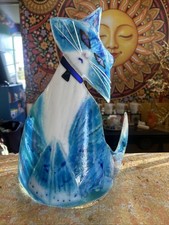 Fused Glass Cat Kiln Art Beautiful Blue picture