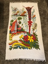 Vintage Beach Towel 60-70's Tiki Hut Flowers Terry Cloth Tapestry 56x31 picture