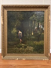 Antique 1895 European Oil On Canvas Painting Of Woman In The Woods - Signed picture