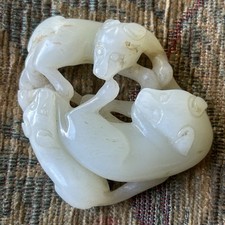 Antique Chinese White Hetian Jade “3 Badgers” Qing Dynasty Hand-Carved Nephrite picture
