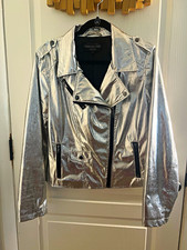 Donna Salyers Fabulous Furs Silver Faux Leather Biker Jacket Full Zip L picture