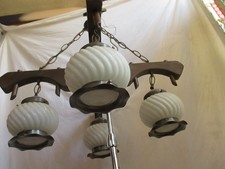 Vintage 4 Arm Mid Century Wooden Ceiling Light Chandelier Barn Farmhouse Cottage picture