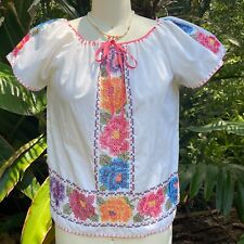 Vintage 70s Mexican Floral Cross Stitch Embroidered Peasant Blouse picture
