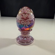 Vintage Fenton Glass Pink Iridescent Bows/Heart Egg On Pedestal /2500- Signed picture