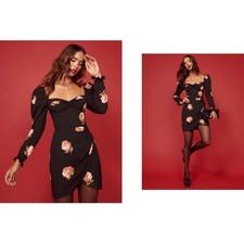 Reformation Amala Floral Puff Sleeve Mini Dress Black Pink Sweetheart Size 2 picture