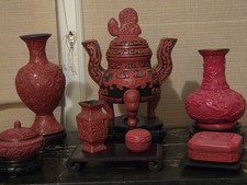Vintage Chinese Cinnabar Lacquerware 7pc Set picture