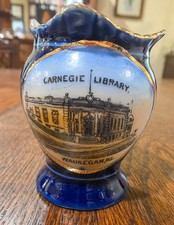 Antique German Souvenir Mini Vase Carnegie Library Waukegan Illinois Cobalt Gold picture