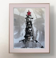 Original Abstract Lighthouse Painting 9x12 Modern Nautical Coastal Fine Art picture