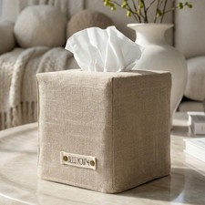 KIBAGA Square Tissue Box Cover Beige Linen Fabric Decorative Holder picture
