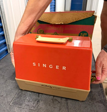 Vintage Singer Sewhandy Electric Toy Sewing Machine Orange Case Original Box picture
