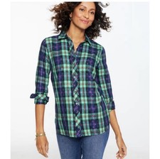 Talbots Metallic Modern Classic Shirt Cheerful Plaid Blue Green Gold NWT Large picture